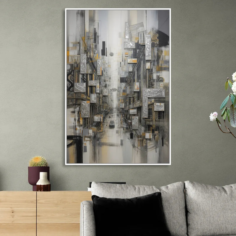Sophisticated Cityscape Grey and Silver Abstract Sitting Room - White Canvas Wall Art