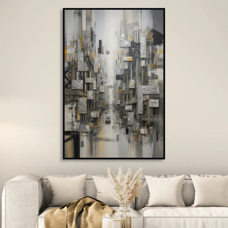 Sophisticated Cityscape Grey and Silver Abstract Living Room - Black Canvas Wall Art