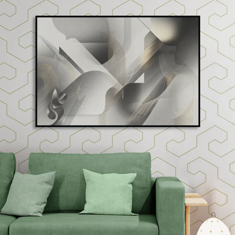 Sophisticated Fluidity Grey and White Abstract Living Room - Black Canvas Wall Art