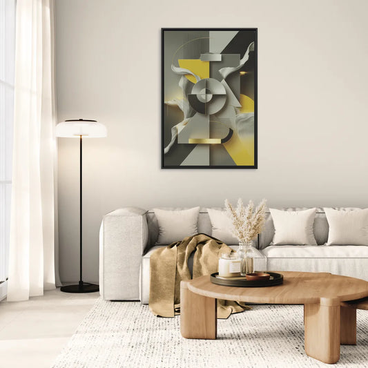 Sophisticated Geometric Fusion Yellow and Grey Abstract - Living Room Black Frame Canvas