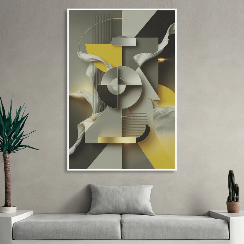Sophisticated Geometric Fusion Yellow and Grey Abstract Sitting Room - White Canvas Wall Art