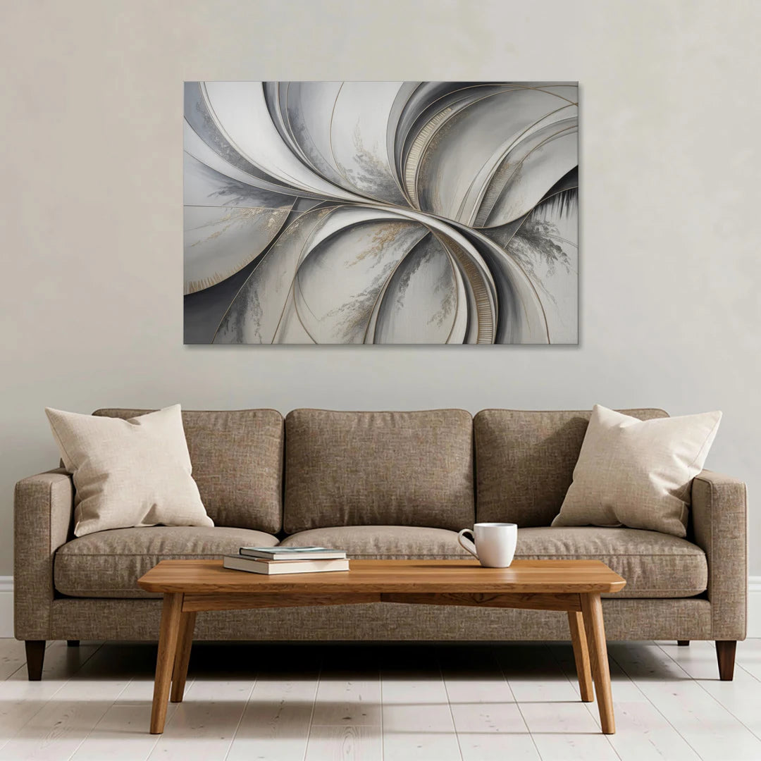 Sophisticated Harmony Grey and White Abstract - Canvas Wall Art - Sofa - 48x32