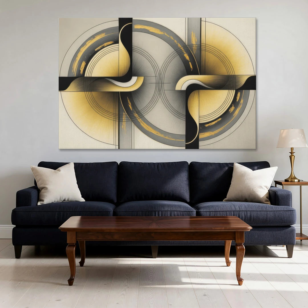 Sophisticated Harmony Yellow and Grey Abstract - Canvas Wall Art - Sofa - 60x40