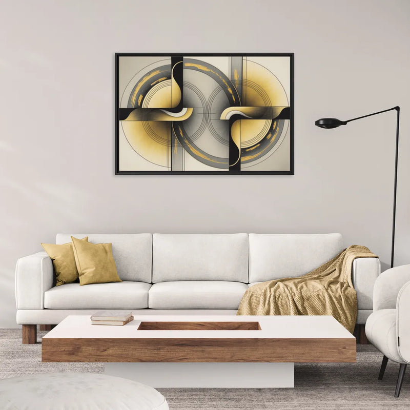 Sophisticated Harmony Yellow and Grey Abstract - Living Room Black Frame Canvas