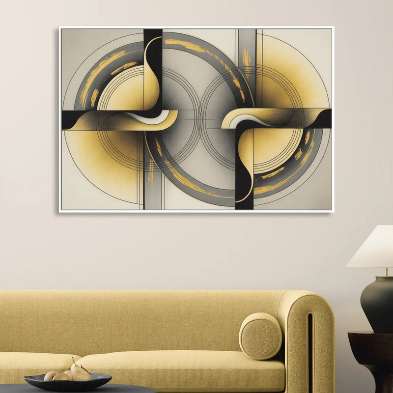 Sophisticated Harmony Yellow and Grey Abstract Sitting Room - White Canvas Wall Art