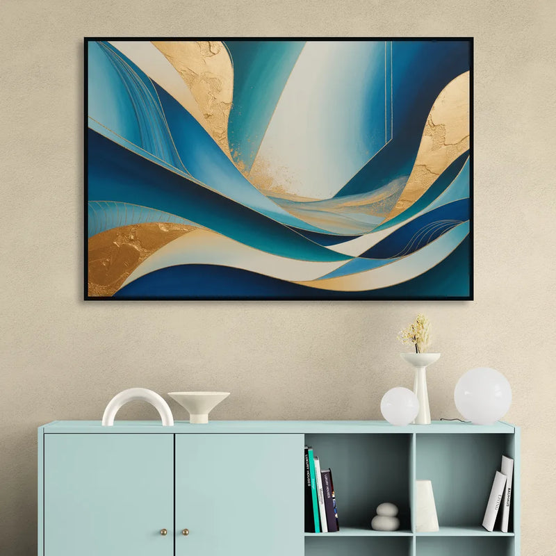 Sophisticated Tranquility Blue and Gold Abstract Sitting Room - Black Canvas Wall Art
