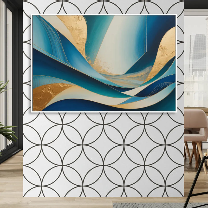 Sophisticated Tranquility Blue and Gold Abstract Sitting Room - White Canvas Wall Art
