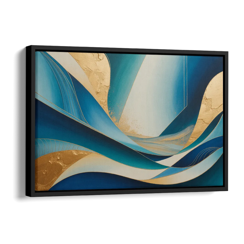 Sophisticated Tranquility Blue and Gold Abstract Side - Black Canvas Wall Art