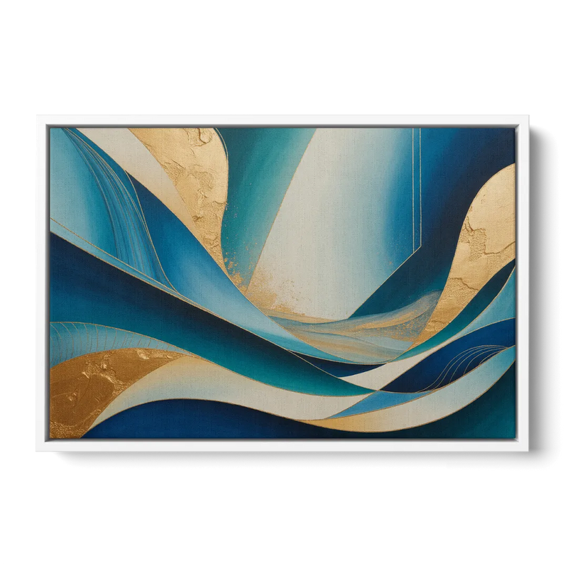 Sophisticated Tranquility Blue and Gold Abstract Front - White Canvas Wall Art