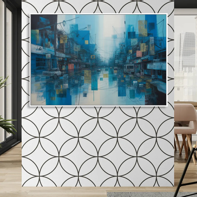 Sophisticated Urban Blue Abstract Living Room - White Canvas Wall Art