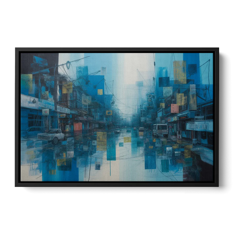 Sophisticated Urban Blue Abstract Front - Black Canvas Wall Art