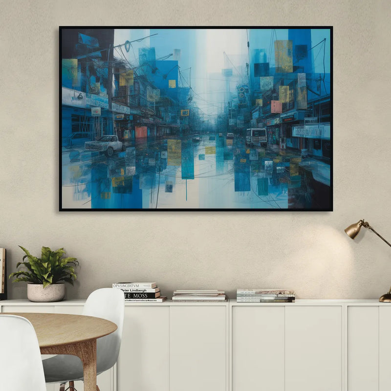 Sophisticated Urban Blue Abstract Sitting Room - Black Canvas Wall Art