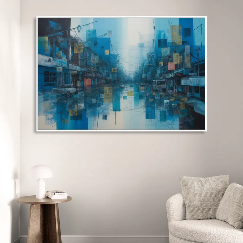 Sophisticated Urban Blue Abstract Sitting Room - White Canvas Wall Art
