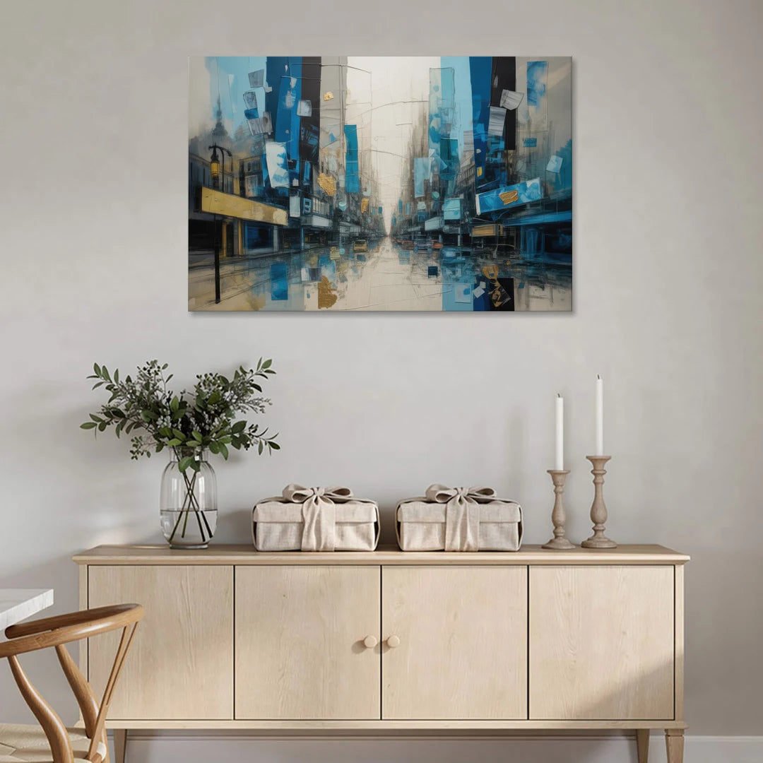 Sophisticated Urban Blue Gold Abstract - Canvas Wall Art - Coffee Table - 48x32