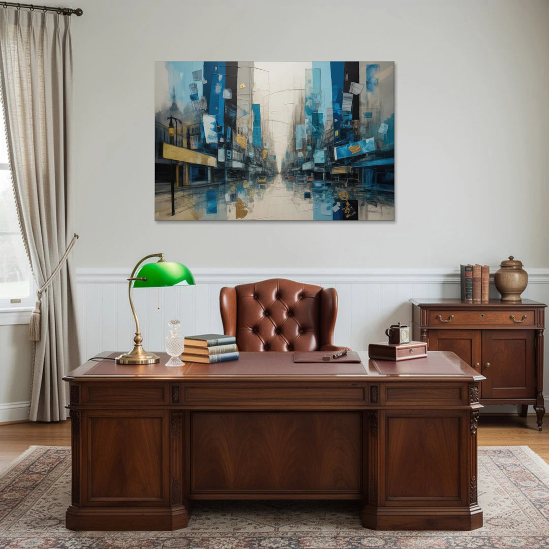 Sophisticated Urban Blue Gold Abstract - Canvas Wall Art - Office - 48x32