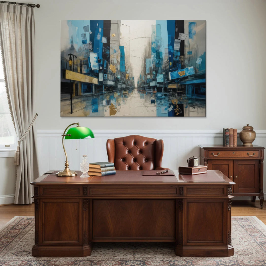 Sophisticated Urban Blue Gold Abstract - Canvas Wall Art - Office - 60x40