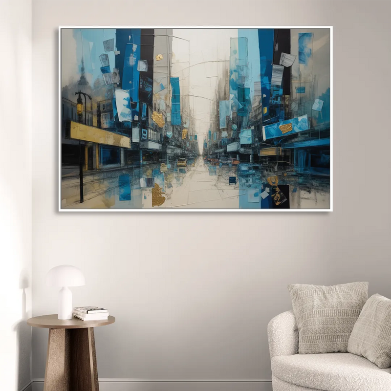 Sophisticated Urban Blue Gold Abstract Living Room - White Canvas Wall Art