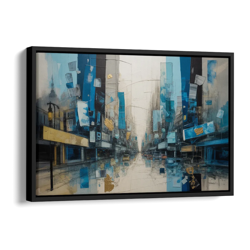 Sophisticated Urban Blue Gold Abstract Side - Black Canvas Wall Art