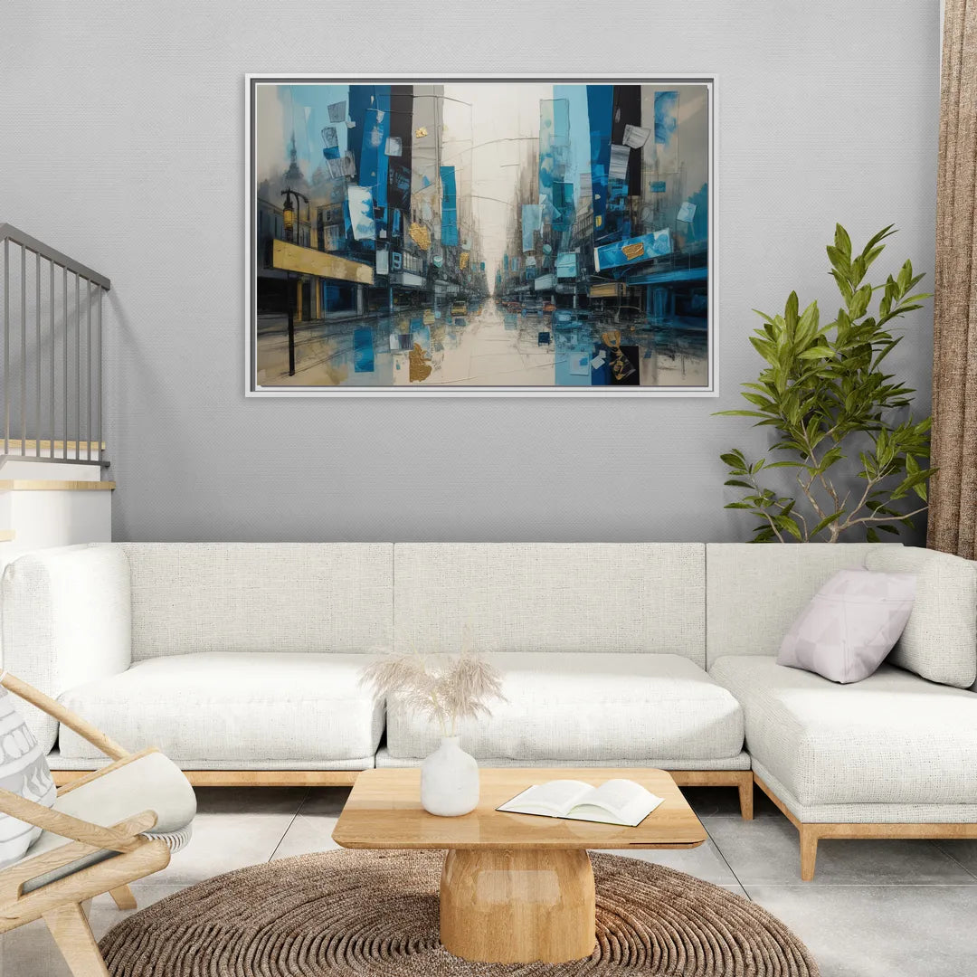 Sophisticated Urban Blue Gold Abstract - Living Room White Frame Canvas