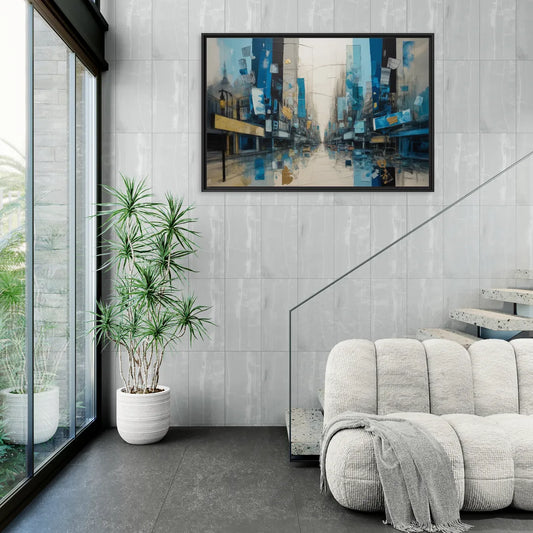 Sophisticated Urban Blue Gold Abstract - Living Room Black Frame Canvas