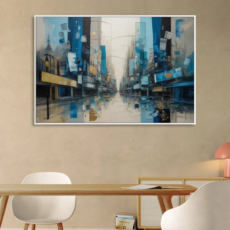 Sophisticated Urban Blue Gold Abstract Sitting Room - White Canvas Wall Art