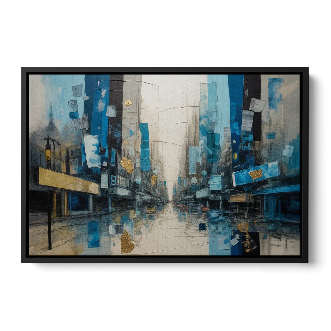 Sophisticated Urban Blue Gold Abstract - Black Frame Canvas