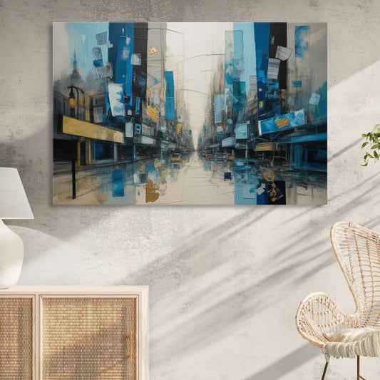 Sophisticated Urban Blue Gold Abstract Living Room - Canvas Wall Art