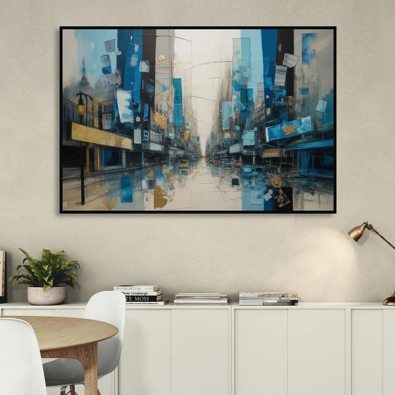 Sophisticated Urban Blue Gold Abstract Living Room - Black Canvas Wall Art