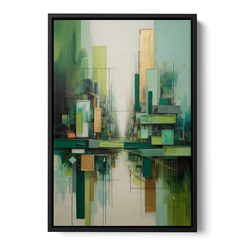 Sophisticated Urban Landscape Green Abstract Front - Black Canvas Wall Art