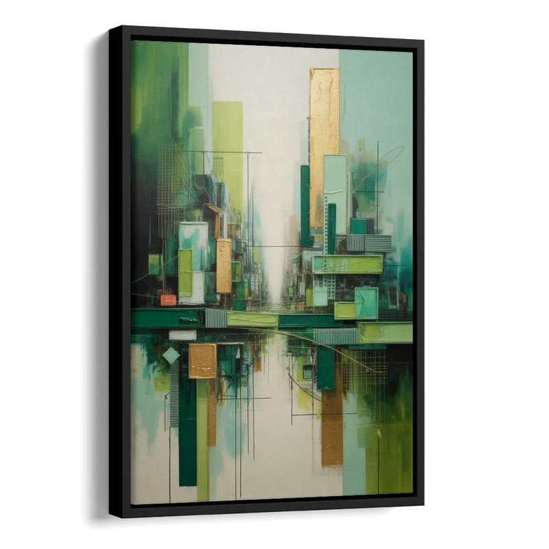 Sophisticated Urban Landscape Green Abstract Side - Black Canvas Wall Art