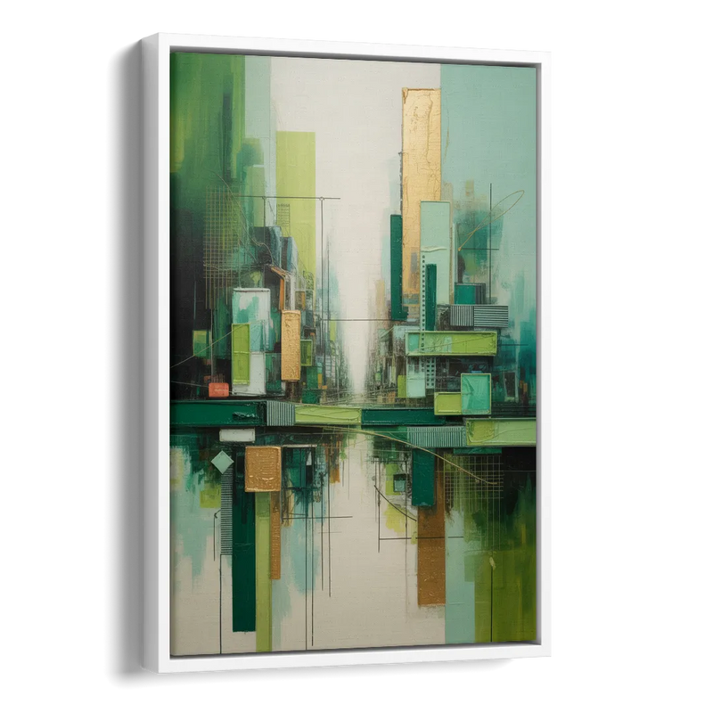 Sophisticated Urban Landscape Green Abstract Side - White Canvas Wall Art