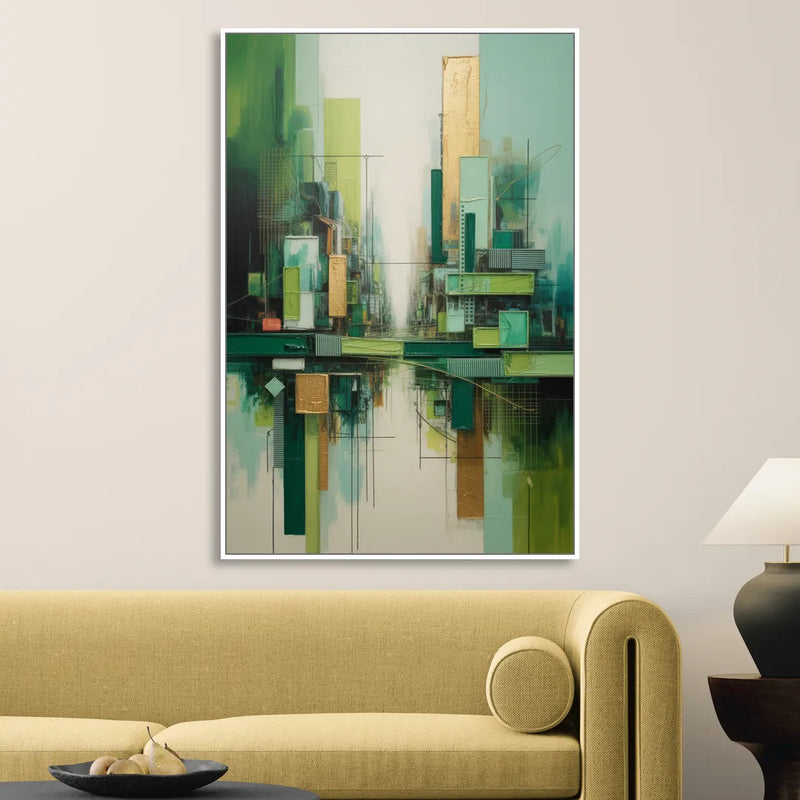 Sophisticated Urban Landscape Green Abstract Sitting Room - White Canvas Wall Art