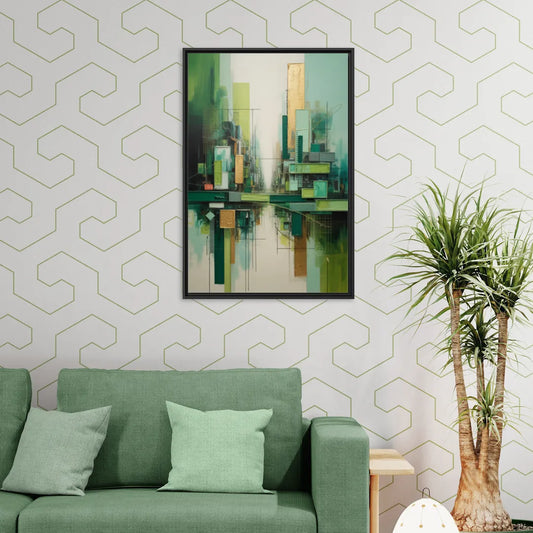 Sophisticated Urban Landscape Green Abstract - Living Room Black Frame Canvas