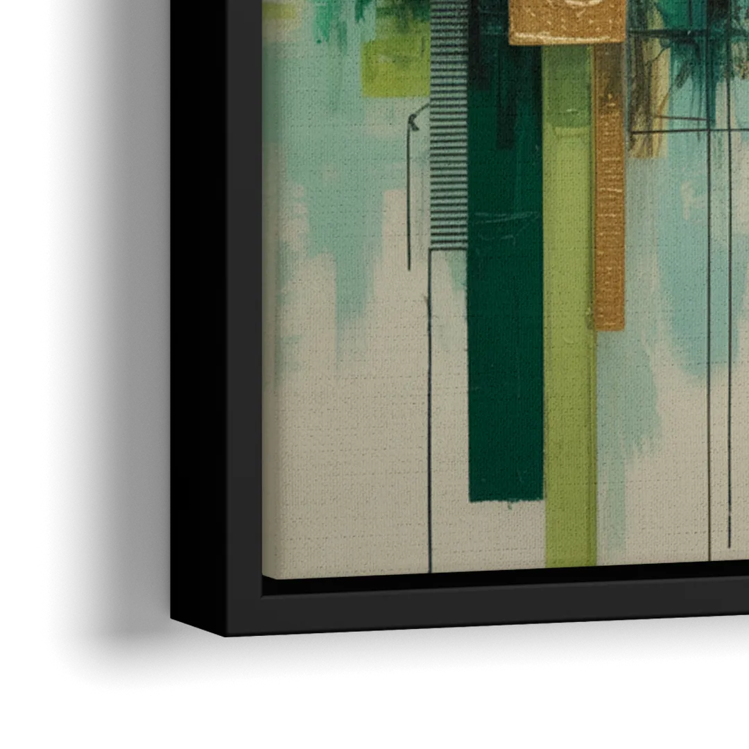 Sophisticated Urban Landscape Green Abstract - Close-Up Black Frame Canvas