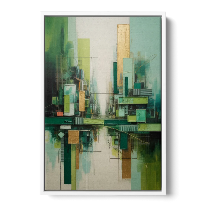 Sophisticated Urban Landscape Green Abstract Front - White Canvas Wall Art