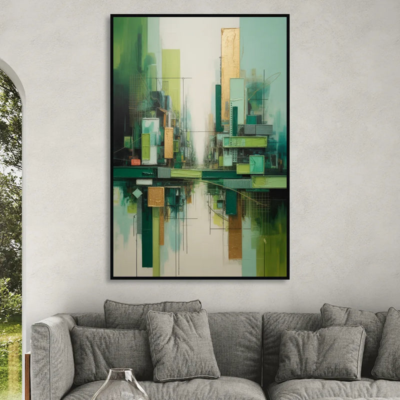 Sophisticated Urban Landscape Green Abstract Sitting Room - Black Canvas Wall Art