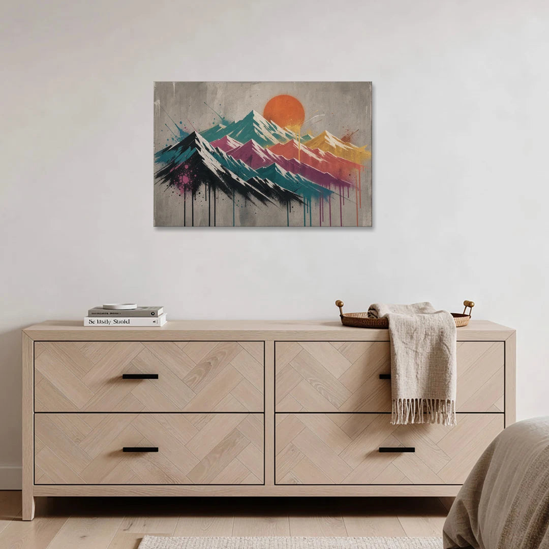 Spray Stencil Mountain Range Under Orange Sun - Canvas Wall Art - Coffee Table - 36x24