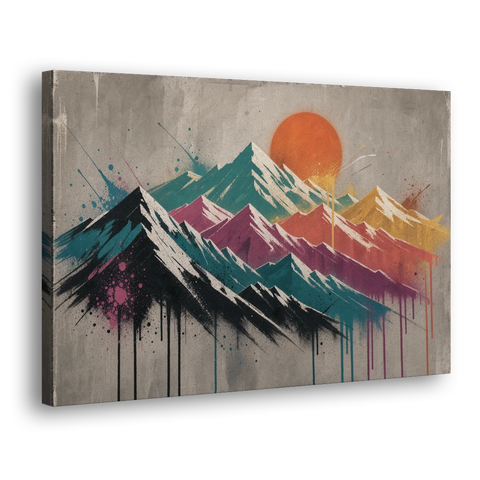 Street Art Spray Stencil Mountain Range Under Orange Sun - Canvas Wall Art