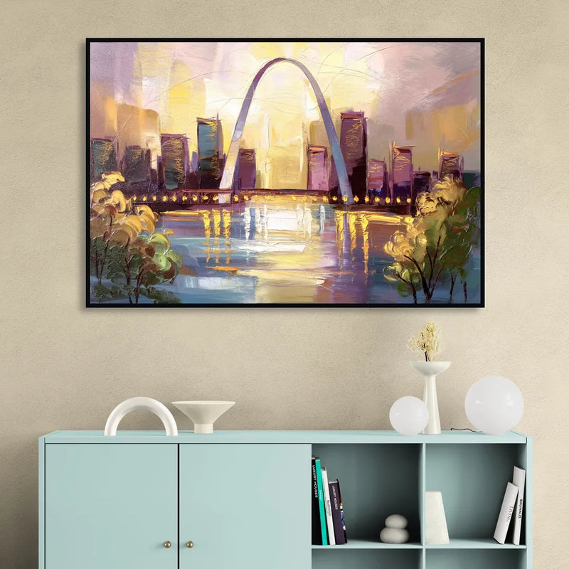 St. Louis Gateway Arch And City Lights Living Room - Black Canvas Wall Art