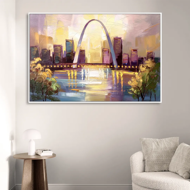 St. Louis Gateway Arch And City Lights Sitting Room - White Canvas Wall Art