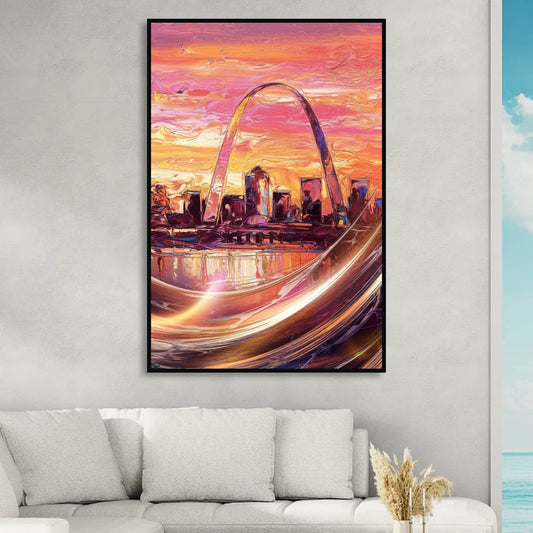 St. Louis Skyline at Sunset Living Room - Black Canvas Wall Art