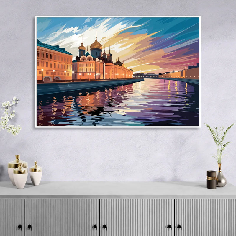 St. Petersburg Waterfront Sunset Living Room - White Canvas Wall Art