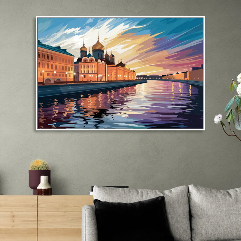St. Petersburg Waterfront Sunset Sitting Room - White Canvas Wall Art