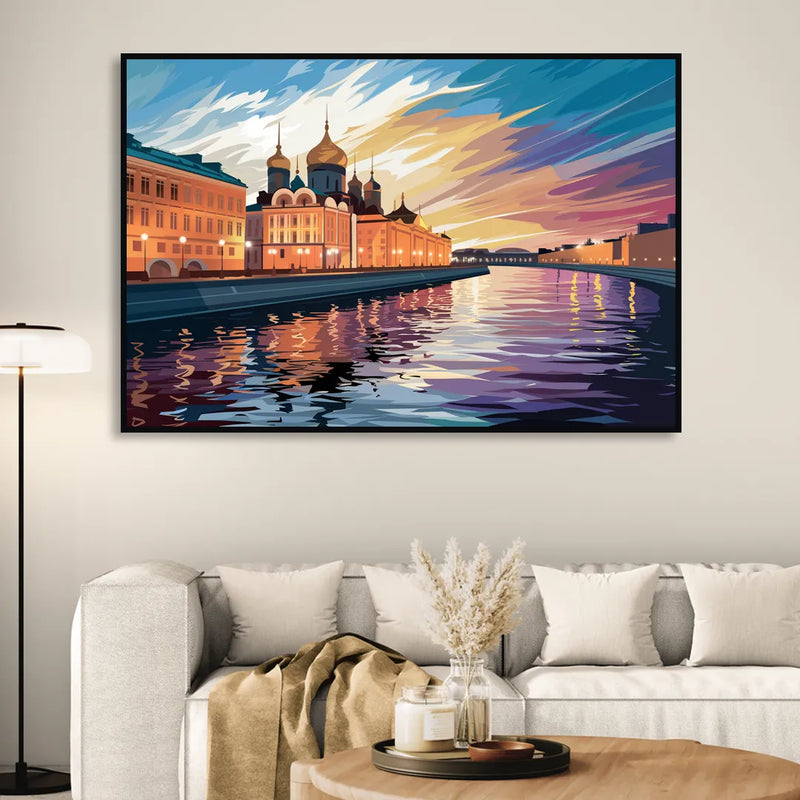 St. Petersburg Waterfront Sunset Living Room - Black Canvas Wall Art