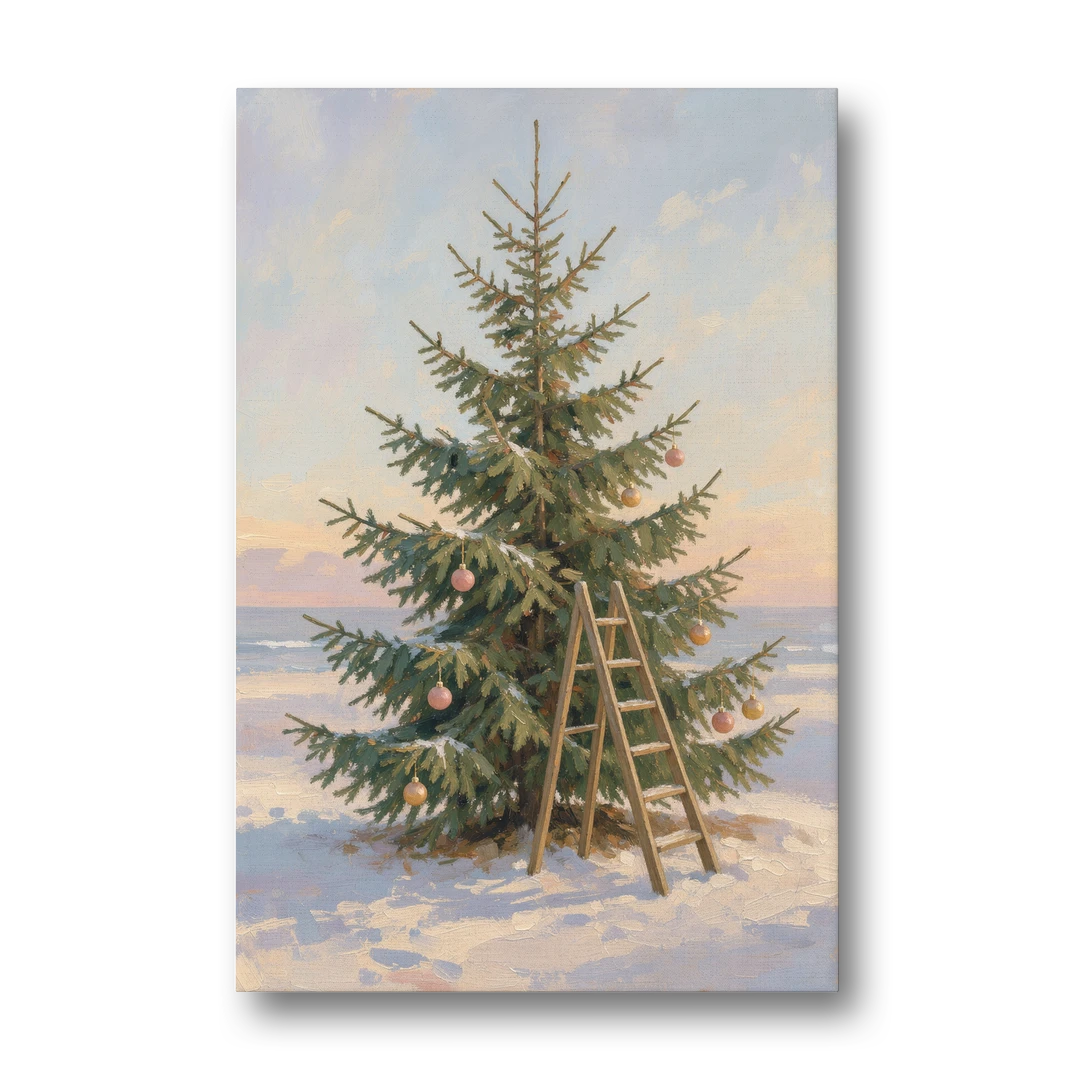 Stepladder by a Half-Decorated Fir - Canvas Wall Art - Front