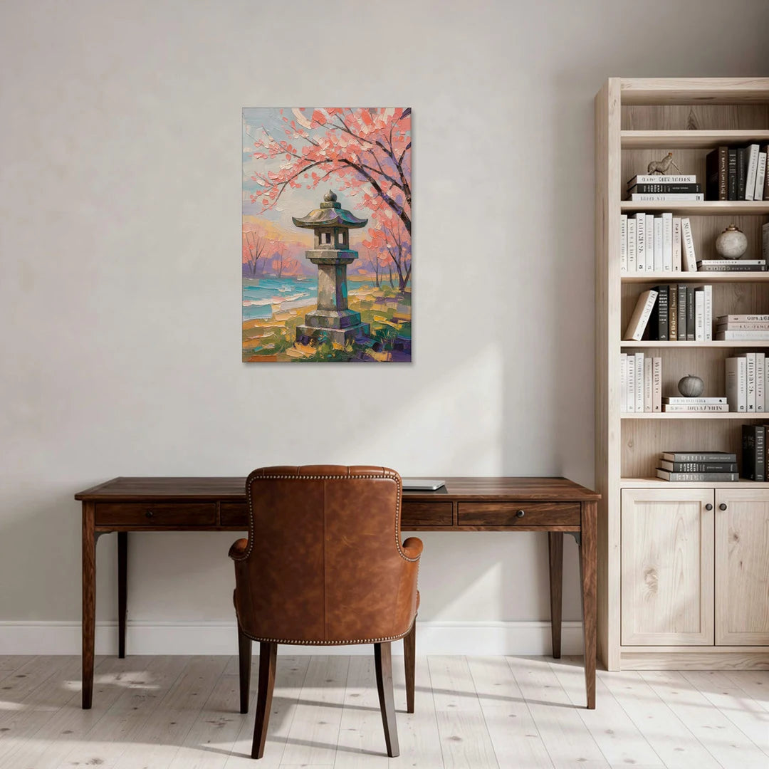 Stone Lantern Under Cherry Blossom - Canvas Wall Art - Office - 24x36