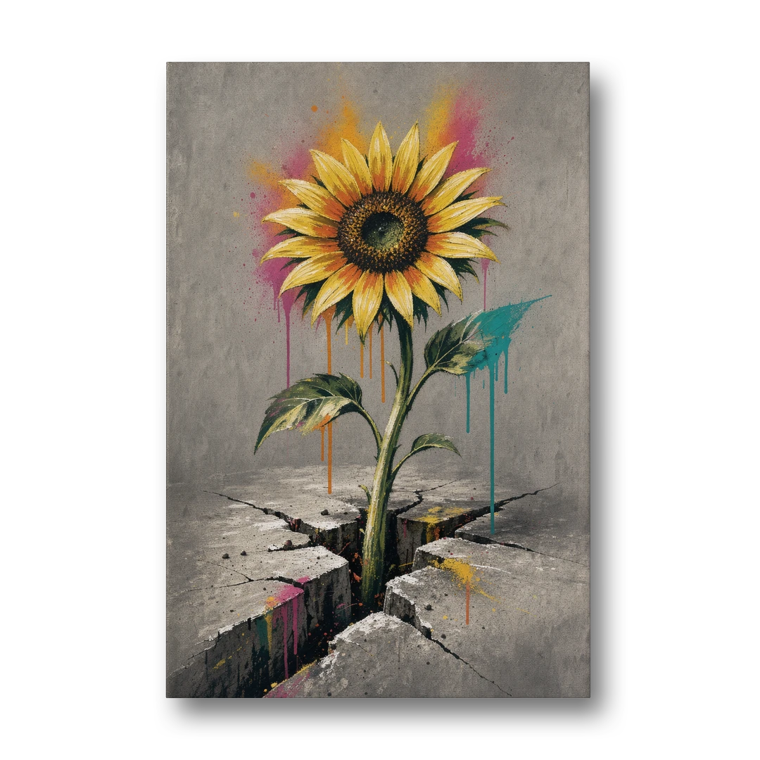 Sunflower Art Print Through Cracked Concrete - Canvas Wall Art - Front