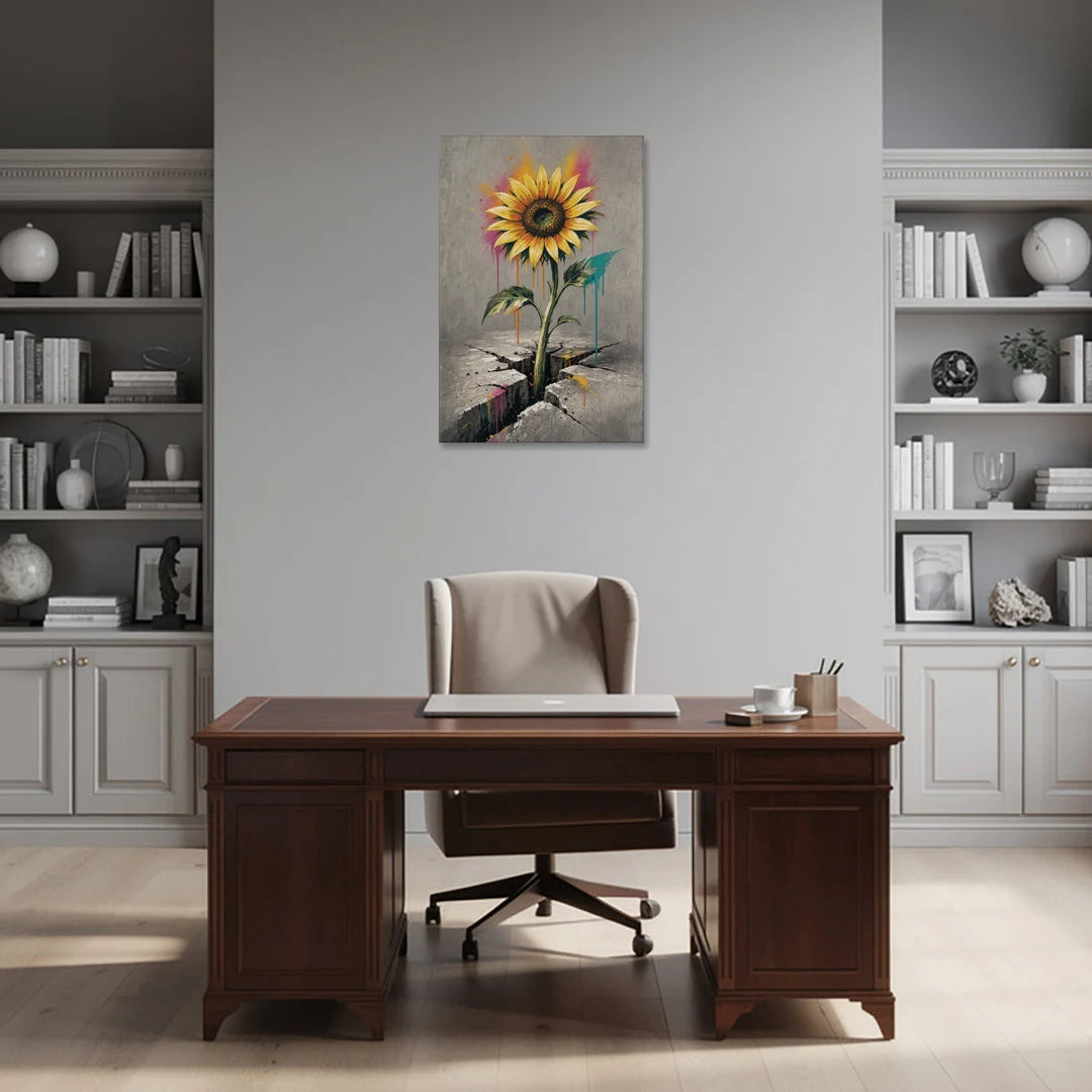 Sunflower Art Print Through Cracked Concrete - Canvas Wall Art - Office - 24x36