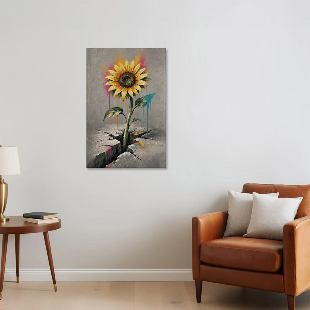 Sunflower Art Print Through Cracked Concrete - Canvas Wall Art - Sofa - 24x36