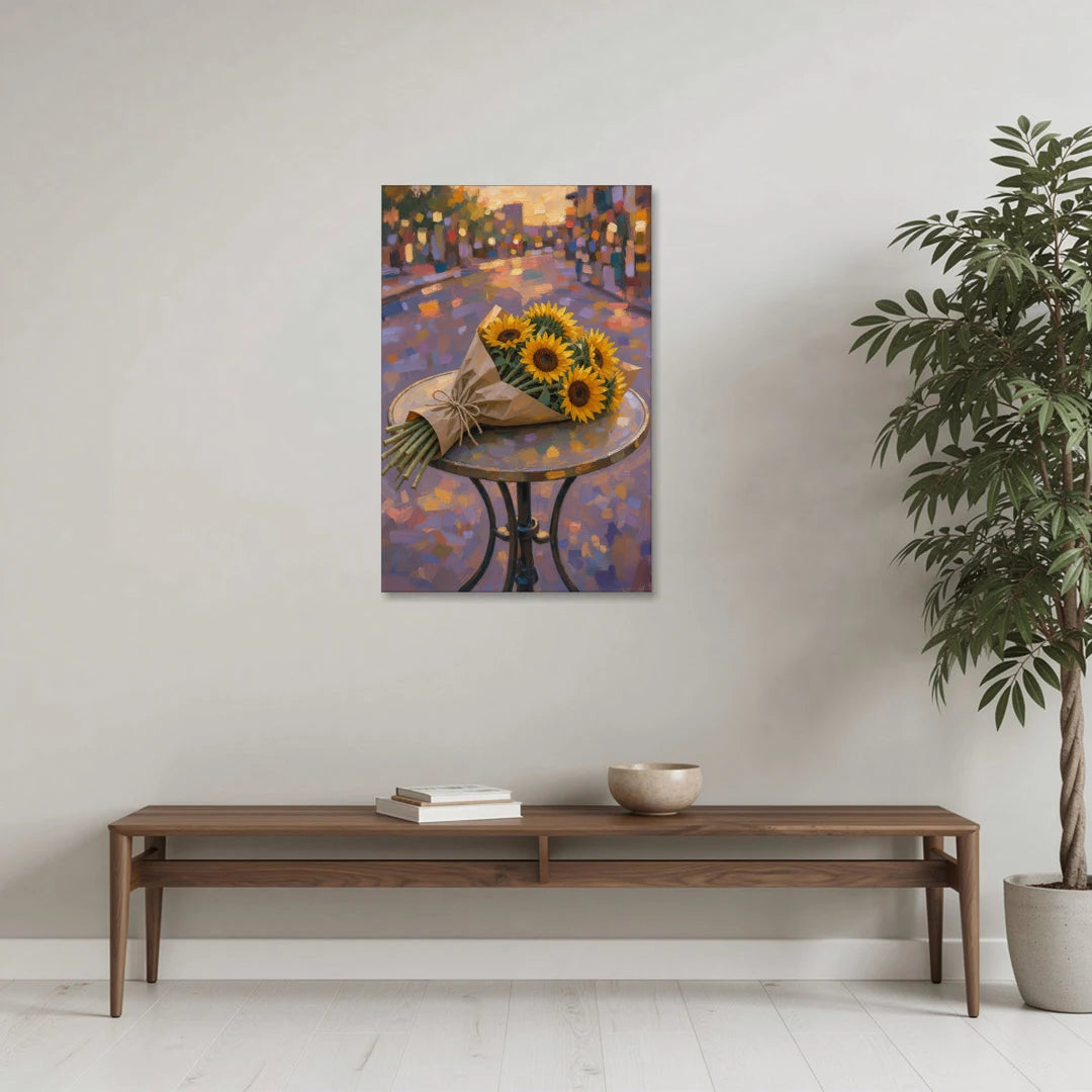 Sunflower Bouquet Painting on a Café Table - Canvas Wall Art - Coffee Table - 24x36